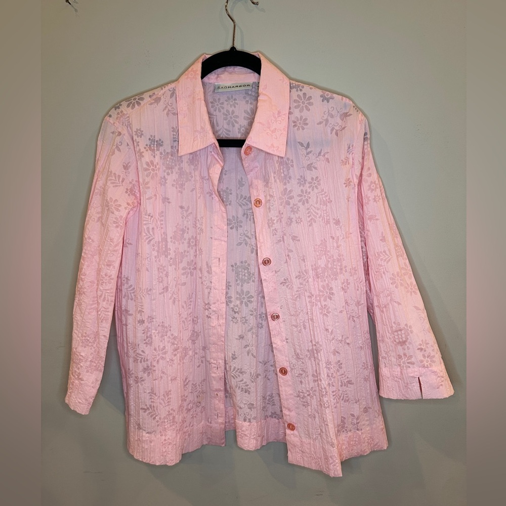 Sag Harbor Pink Sheer Floral Button Down Blouse Size Medium